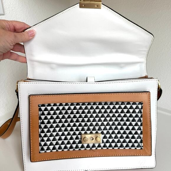 LOEFFLER RANDALL Woven Leather Crossbody Satchel Black White Tan Designer - Picture 5 of 12